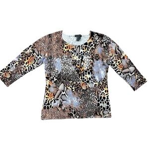 NWT Isa Women's Patchwork Animal Print 3/4 Sleeve Blouse Size L Sequins